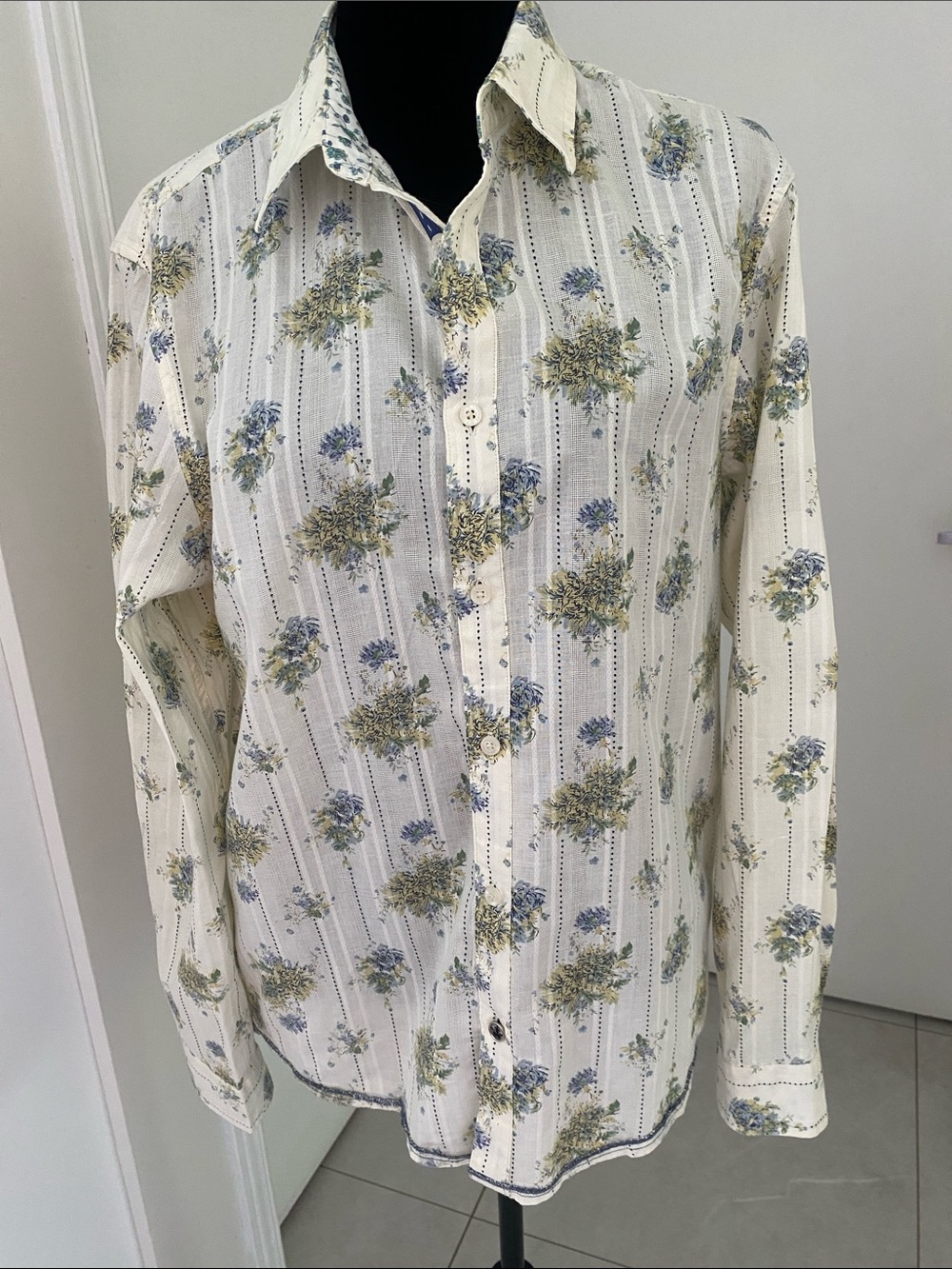 English Laundry Men's Floral Stripe Creme & blue Button-Up Shirt Size Small